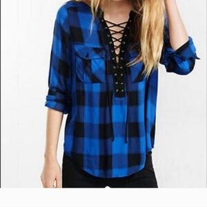 Express size S blue plaid lace up blouse shirt